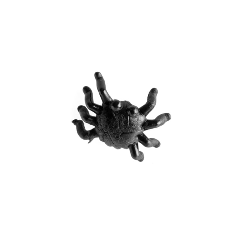Squishy black spider toys that stick to walls and crawl down, perfect for parties and imaginative play.