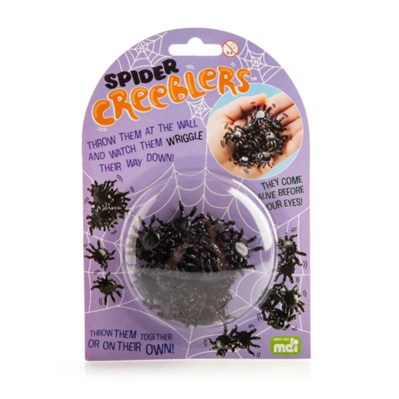 Squishy black spider toys that wriggle and climb down surfaces, perfect for children's parties and imaginative play.