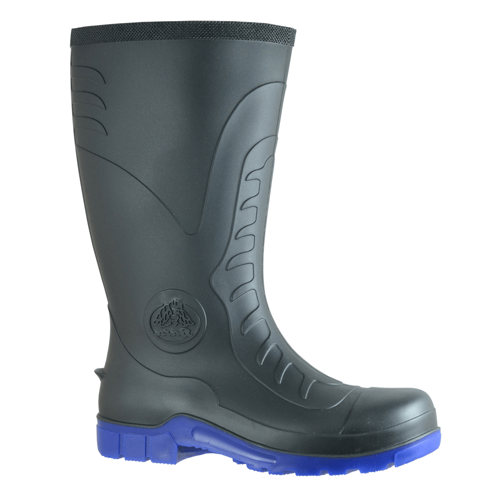 Bata Handyman Safety Gumboots, 300mm height, black PVC, steel toecap, anti-slip sole, size 11 for wet environments.