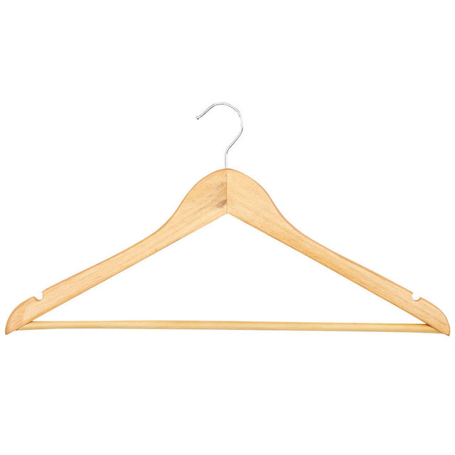 Elegant wooden coat hanger designed for heavy garments, featuring a smooth finish and generous space for organization.