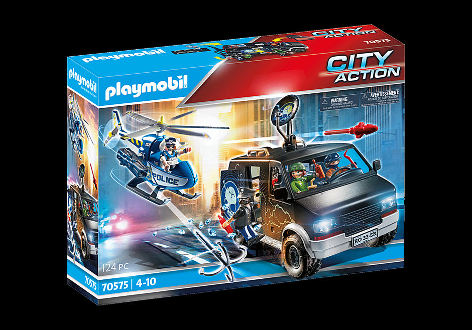 Playmobil Helicopter Pursuit set featuring a gangster van, helicopter with grappling hook, and four action-ready figures.