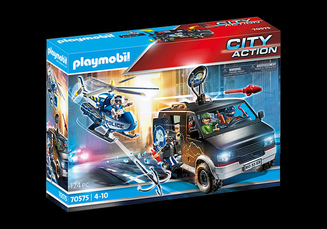 Playmobil Helicopter Pursuit set featuring a gangster van, helicopter with grappling hook, and four action-ready figures.
