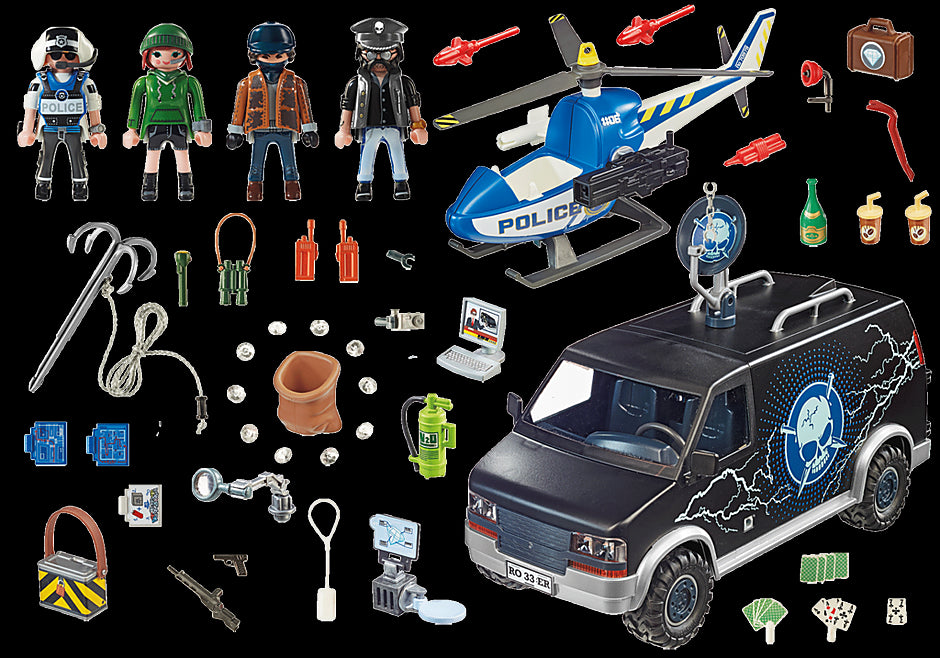 Playmobil Helicopter Pursuit playset featuring a gangster van, helicopter with grappling hook, and four detailed figures.