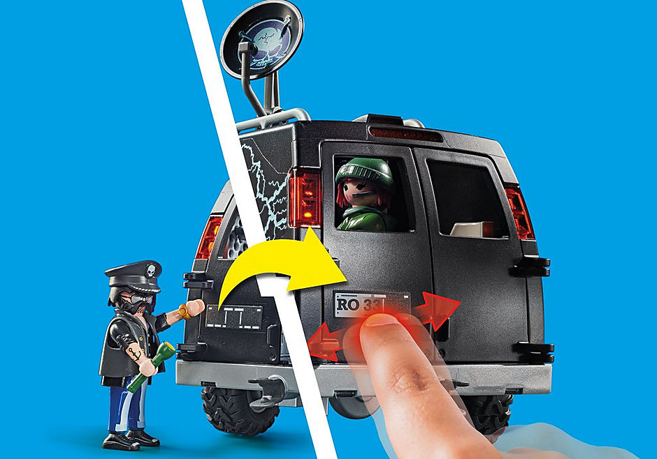 Playmobil Helicopter Pursuit features a black gangster van with skulls, a helicopter with grappling hook, and four detailed figures.