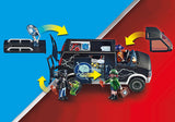 Playmobil Helicopter Pursuit set featuring a gangster van, helicopter with grappling hook, and four detailed figures in action play.