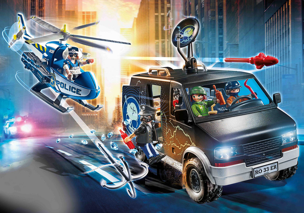 Playmobil set featuring a helicopter, gangster van with skull design, and figures for action-packed heist adventures.