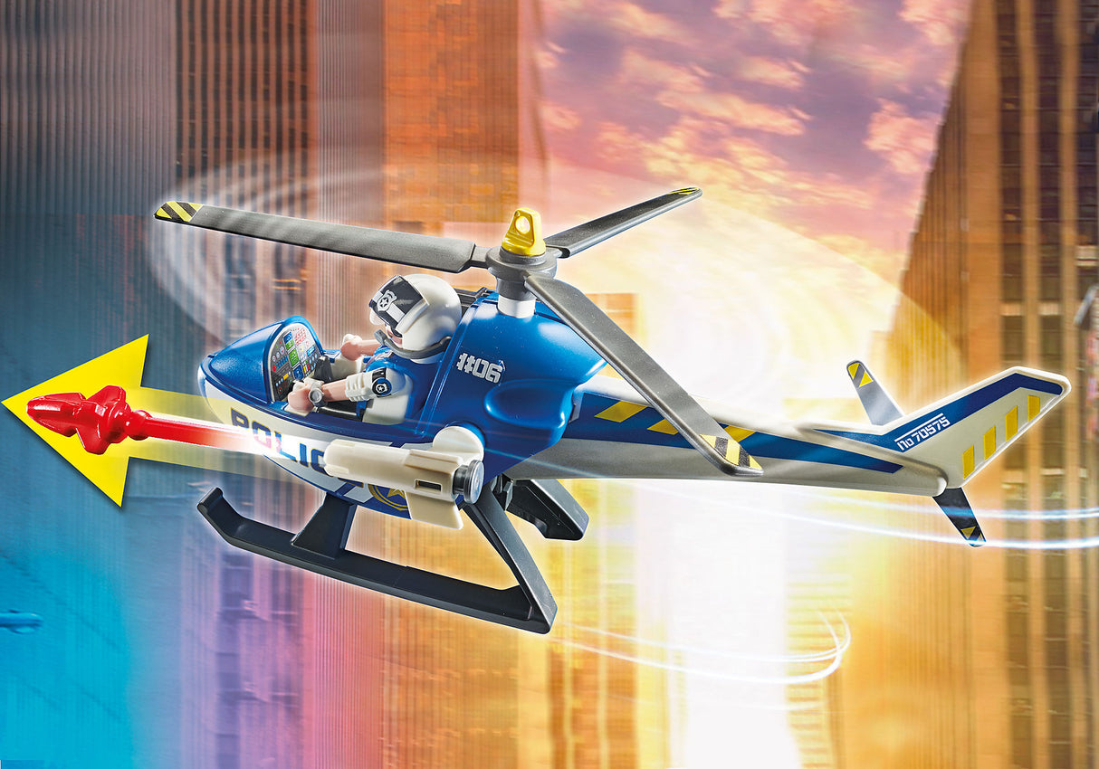 Playmobil Helicopter Pursuit set featuring a black gangster van, helicopter with grappling hook, and four action figures.