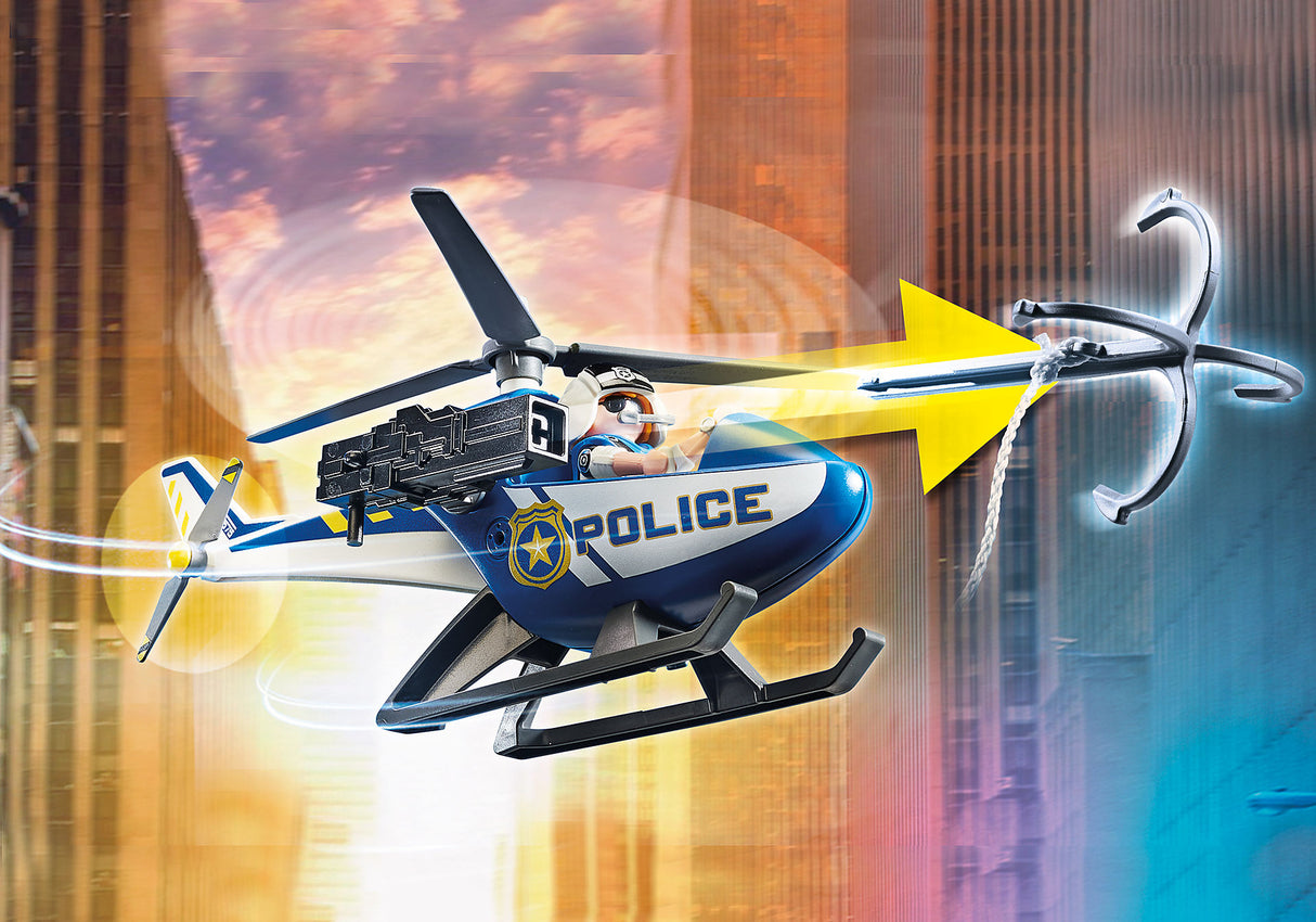 Playmobil Helicopter Pursuit set featuring a gangster van, helicopter with grappling hook, and four action figures for imaginative play.