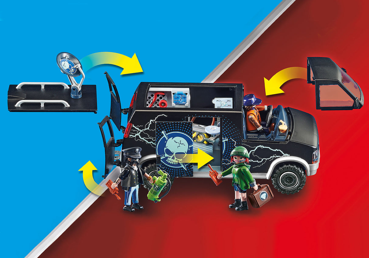 Action-packed Playmobil set featuring a helicopter, runaway van, and figures of gangsters planning a jewel heist.