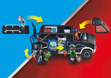 Action-packed Playmobil set featuring a helicopter, runaway van, and figures of gangsters planning a jewel heist.