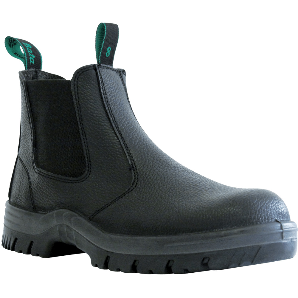 Bata Hercules Black Rambler Slip On Safety Boot, Size 2, features steel toecap, PU sole, and elastic sides for safety and comfort.