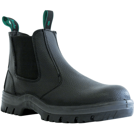 Bata Hercules Black Rambler Slip On Safety Boot, Size 2, features steel toecap, PU sole, and elastic sides for safety and comfort.