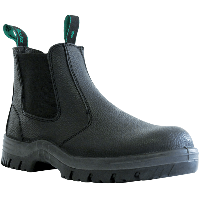 Bata Hercules Black Rambler Slip-On Safety Boot in Size 10, featuring steel toecap, cushioned soles, and easy elastic-sided entry.