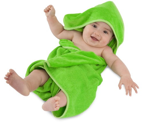 Lime hooded towel for newborns and toddlers, soft, absorbent, and hypoallergenic for cozy post-bath comfort.
