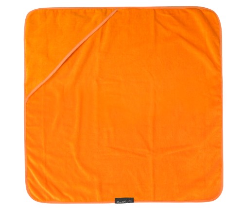 Soft orange hooded towel for babies, ideal for keeping them warm and dry after baths, measuring 74cm x 74cm.