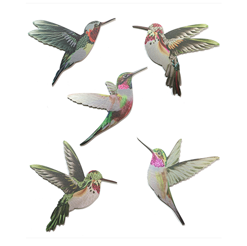 Vibrant wall art featuring five colorful polypropylene hummingbirds in flight, perfect for customizable home decor.