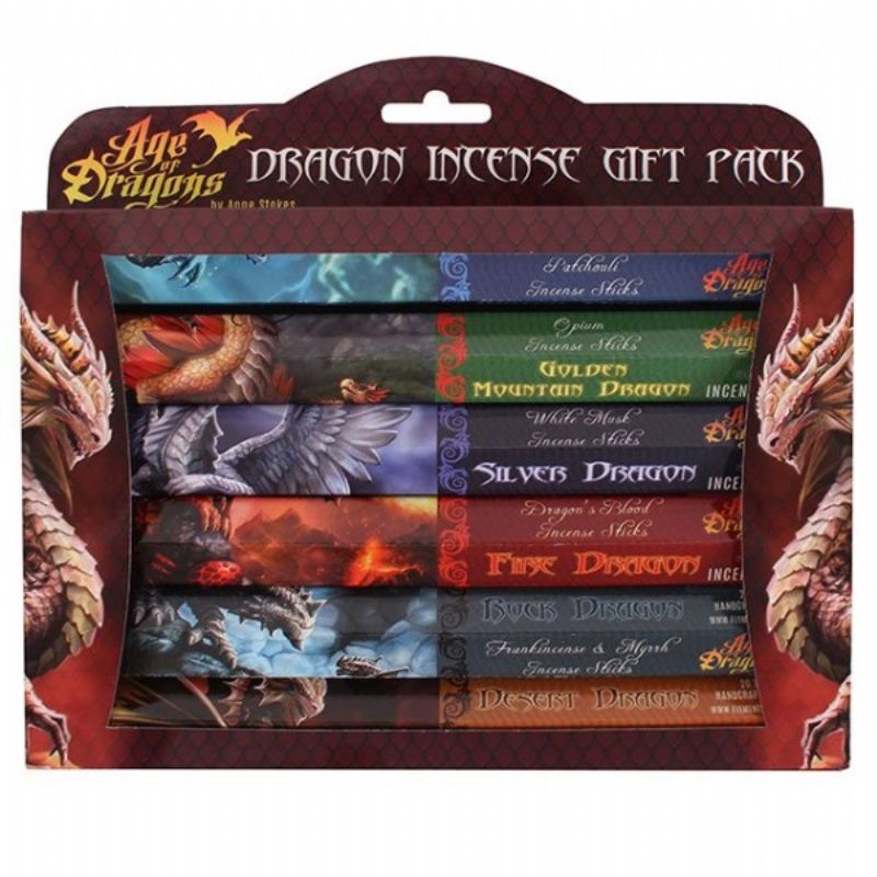 "Enchanting Age of Dragons incense gift pack with six hexagonal boxes, each containing 20 aromatic sticks inspired by dragon art."