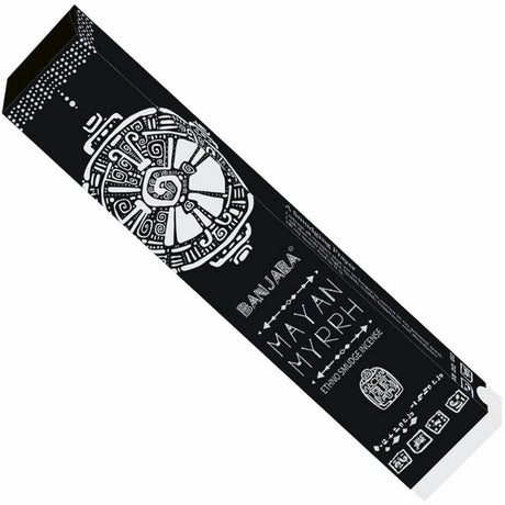 Hand-rolled Banjara Myrrh incense sticks in a 15g pack, providing a warm, earthy aroma for cleansing and uplifting energies.