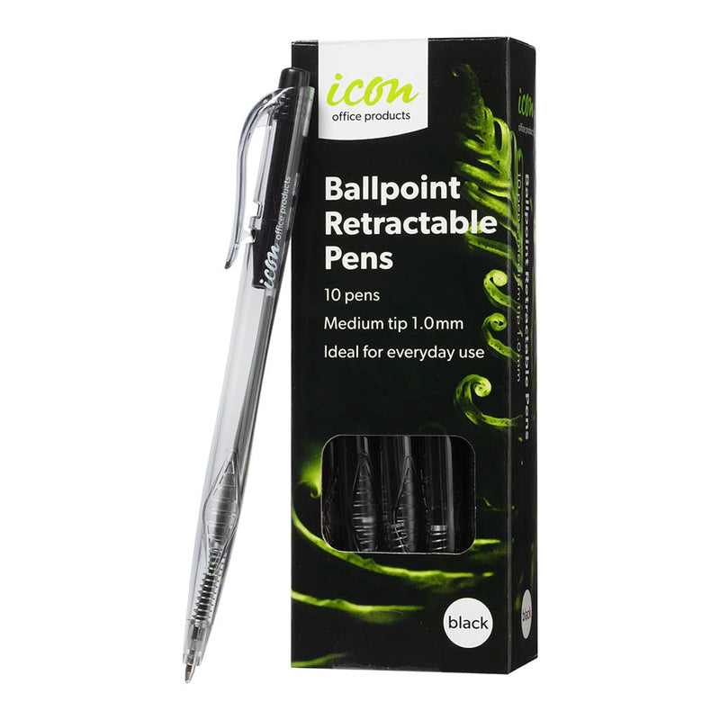 Icon Ballpoint Retractable Pens Medium Black Pack 10