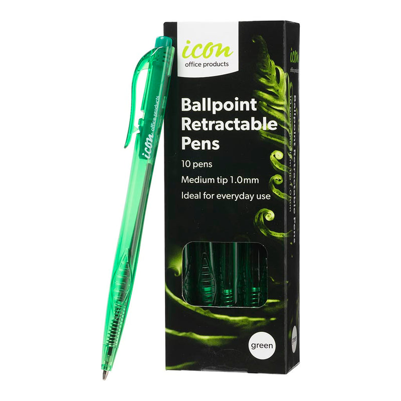 Icon Ballpoint Retractable Pens Medium Green Pack 10