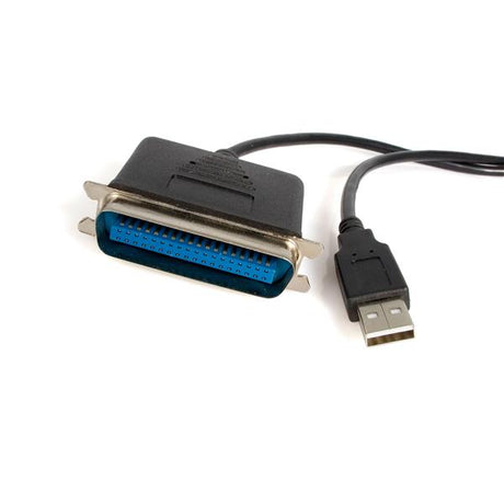 USB to parallel printer adapter connecting PCs to printers, featuring 10 ft length, Plug and Play setup, and fast data transfer.