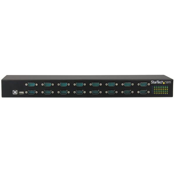 16-Port USB-to-Serial Adapter Hub in a rugged metal chassis, ideal for industrial automation and device connectivity.