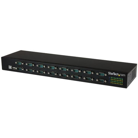 16-Port USB-to-Serial Adapter Hub in a rugged, rack-mountable chassis for expanding serial connectivity in industrial settings.