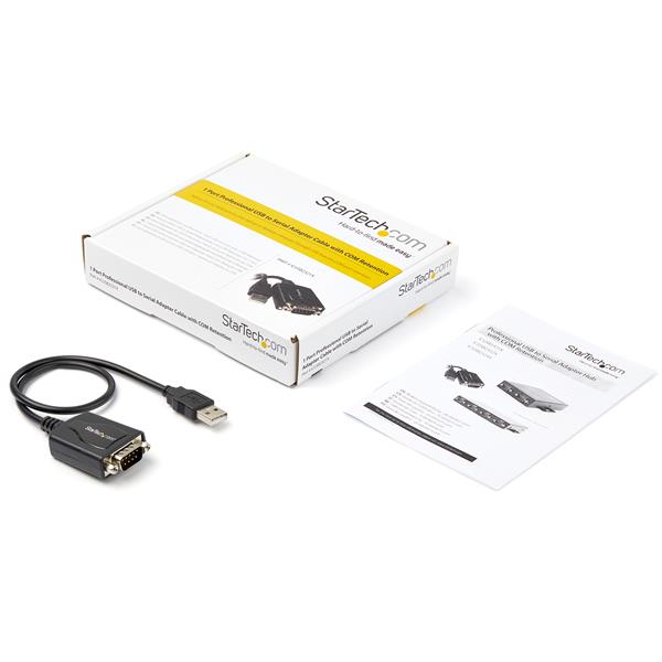 USB to serial adapter cable with COM retention, connects USB 2.0 to RS232 devices like barcode scanners, robust design.