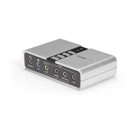 7.1 USB Audio Adapter with SPDIF for immersive audio, featuring plug-and-play setup and dual microphone inputs.