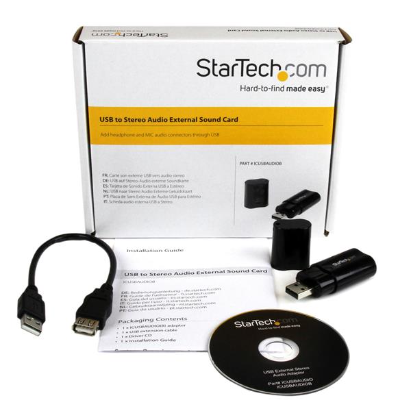 USB Stereo Audio Adapter External Sound Card enabling dual audio outputs for headsets and microphones with plug-and-play setup.