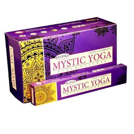 Hand-rolled 15gm Deepika Mystic Yoga Incense, featuring an aromatic blend for meditation and yoga, promoting relaxation and tranquility.