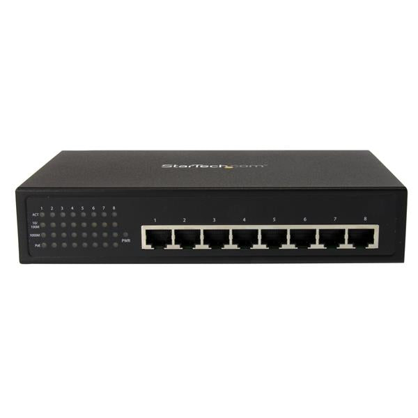 8-port industrial gigabit PoE switch for powering and connecting up to eight devices with durable metal enclosure.