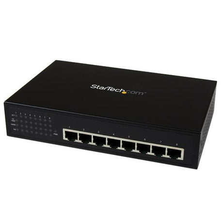 8 Port industrial gigabit PoE+ switch for seamless connectivity, power supply, and sturdy metal enclosure for durability.