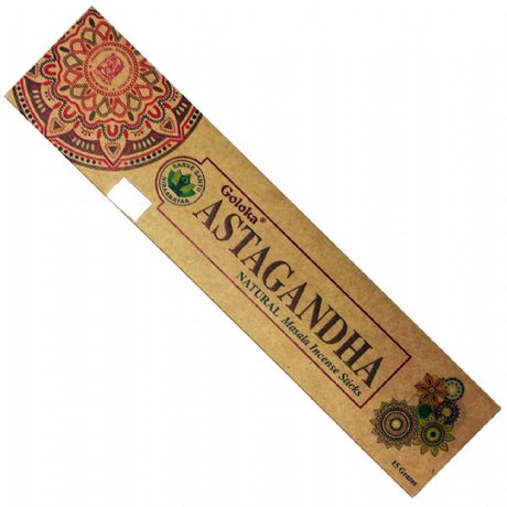 Goloka Organic Astaga Incense in eco-friendly packaging, featuring soothing Astagandha scent for relaxation and wellness.