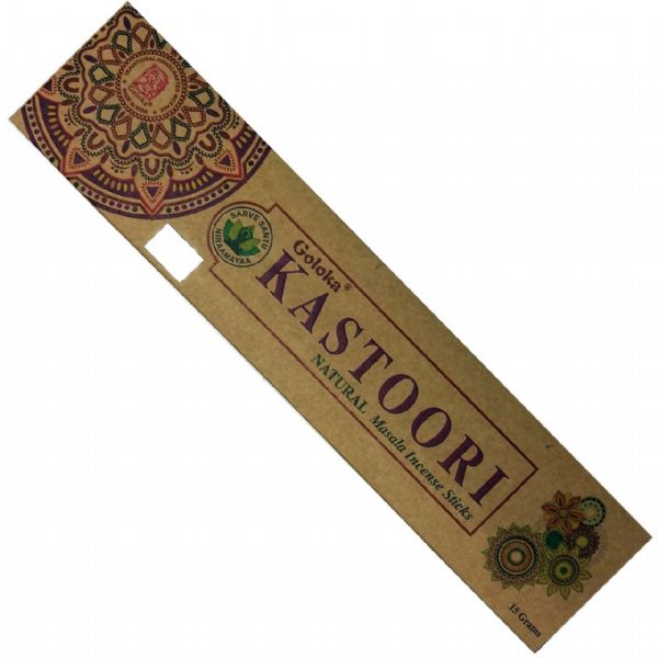 Goloka Organic Kastoor incense sticks in a 2 x 6 pack, featuring 12 fragrant 15g sticks made from 100% organic ingredients.