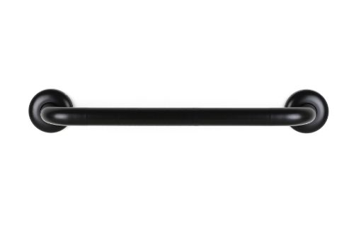 Black powder-coated 300mm knurled grab rail made of 304 stainless steel for safety and stability in wet areas.