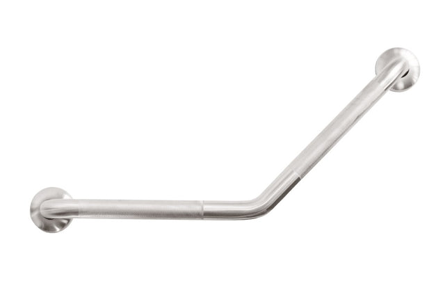 Brushed stainless steel grab rail, 350mm x 350mm, 45-degree angle, with knurled grip for safety and accessibility in homes.