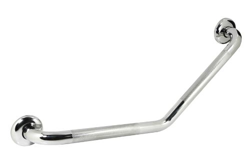 Polished stainless steel grab rail at a 45-degree angle, featuring a knurled grip for enhanced safety and ergonomic support.