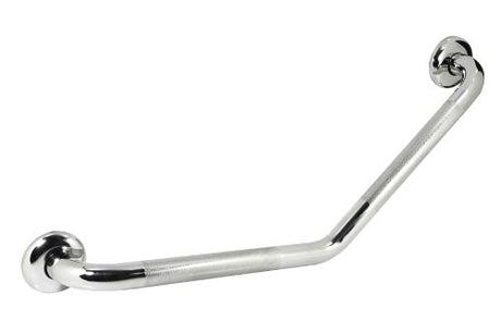 Polished stainless steel grab rail at a 45-degree angle, featuring a knurled grip for enhanced safety and ergonomic support.