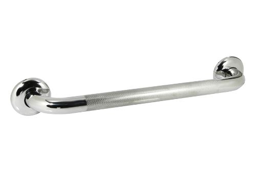 Polished stainless steel 450mm grab rail with knurled grip for safety and style in bathrooms and hallways.