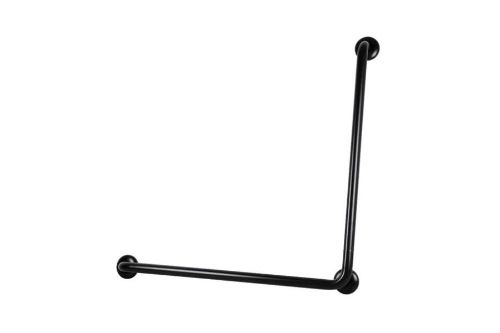 Black powder-coated 90-degree grab rail, 750mm x 750mm, durable stainless steel with knurled grip for safety and support.