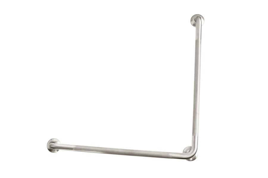 Brushed stainless steel 750mm x 750mm grab rail with knurled grip for bathroom safety and support, compliant with NZS 4121:2001.