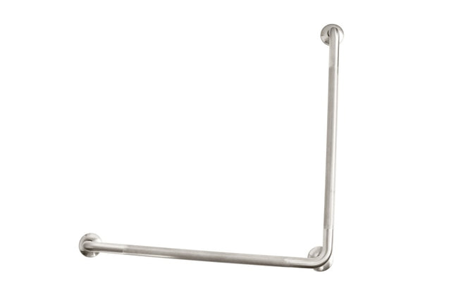 Brushed stainless steel 750mm x 750mm grab rail with knurled grip for bathroom safety and support, compliant with NZS 4121:2001.