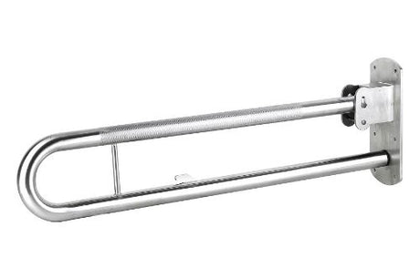 800mm fold-down rail with toilet roll holder in brushed stainless steel, offering support and style for enhanced bathroom convenience.