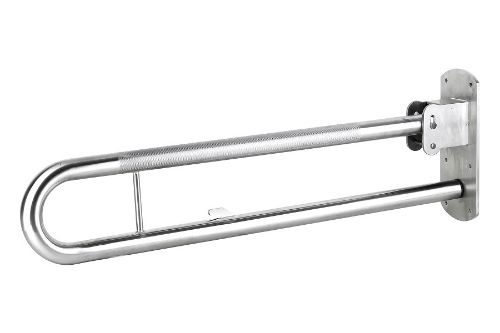 800mm fold-down rail with toilet roll holder in brushed stainless steel, offering support and style for enhanced bathroom convenience.
