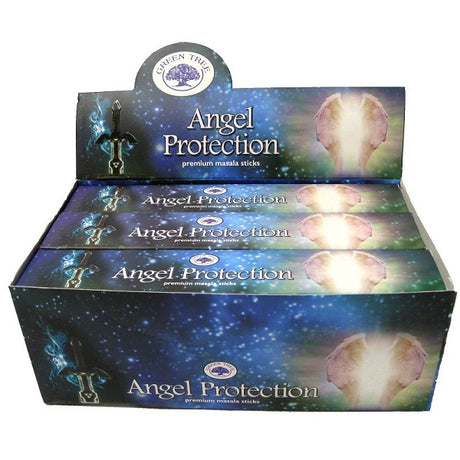 A box of Green Tree Angel Protection Incense, 15gm, offering calming aromas for meditation and spiritual protection.