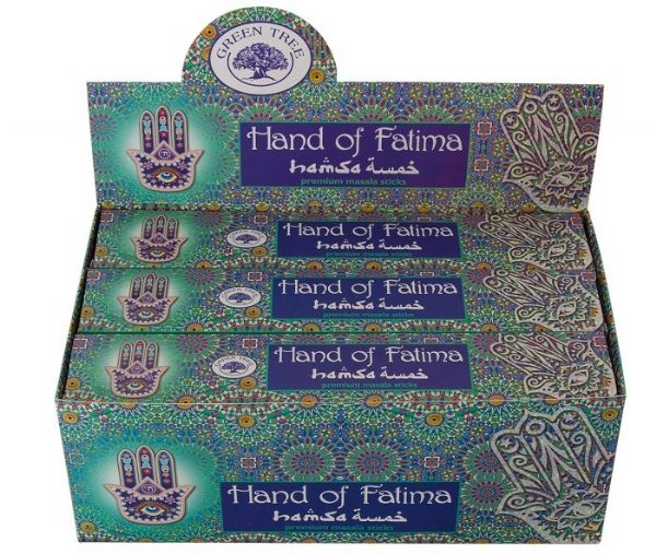 Green Tree Hands of Fatima incense sticks in a self-display box, ideal for meditation and creating a serene ambiance.