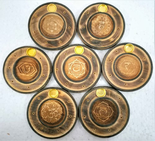 Set of 7 round chakra incense holders, each enhancing meditation and promoting well-being with vibrant designs and practical use.