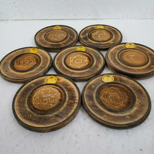 Set of 7 round chakra incense holders, each promoting balance and well-being in meditation and relaxation spaces.