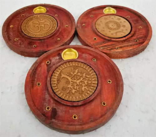 Set of 3 elegant round incense holders with intricate laser-cut logos for a serene ambiance in any space.